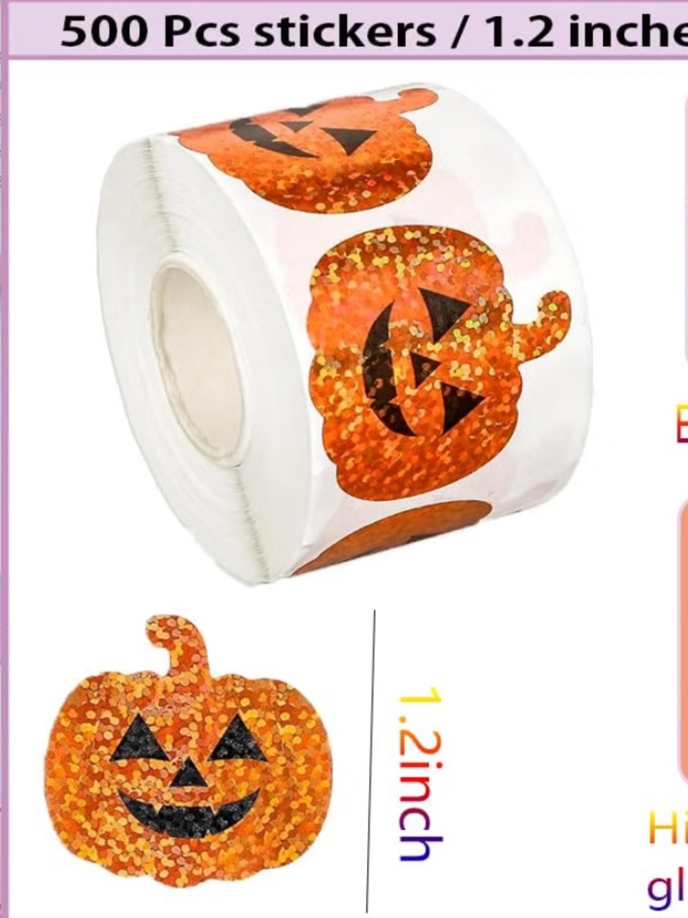 500Pcs Halloween Pumpkin Stickers Roll 1.2in Laser Smiling Pumpkin